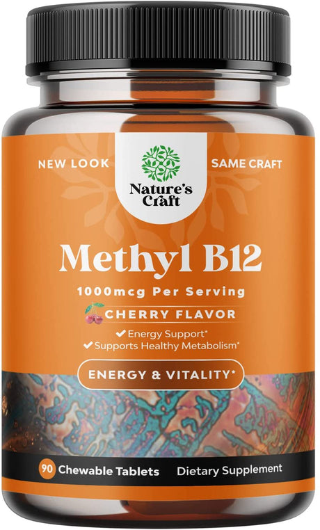 Chewable Vitamin B12 1000 Mcg - Cherry Flavor Methyl B12 Vitamins for Brain Support, Energy & Metabolism Boost 90Ct Tablets