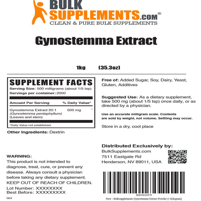 Bulksupplements.Com Gynostemma Extract Powder, 500Mg - Brain, Heart, & Liver Support (1KG - 2000 Serv)