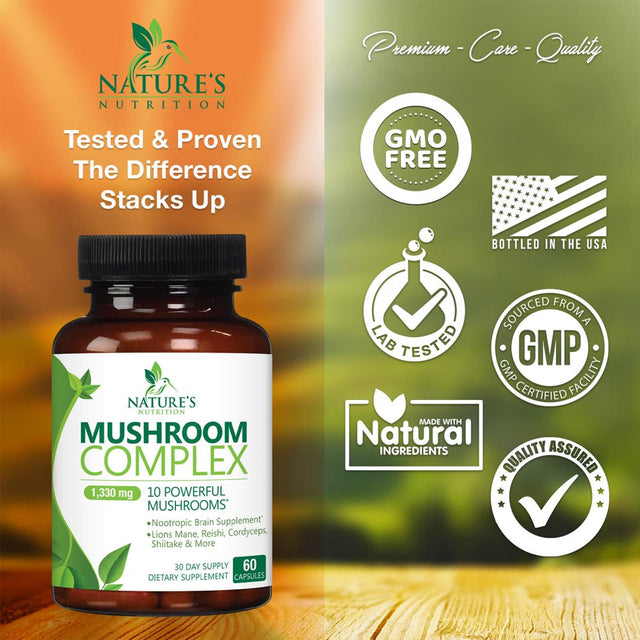 Mushroom Supplement - 10 Mushroom Complex Blend - Lions Mane, Reishi, Turkey Tail, Chaga, Cordyceps, Shiitake, Maitake - Nootropic Brain Supplement, Memory, Focus, Immune Health Support - 120 Count