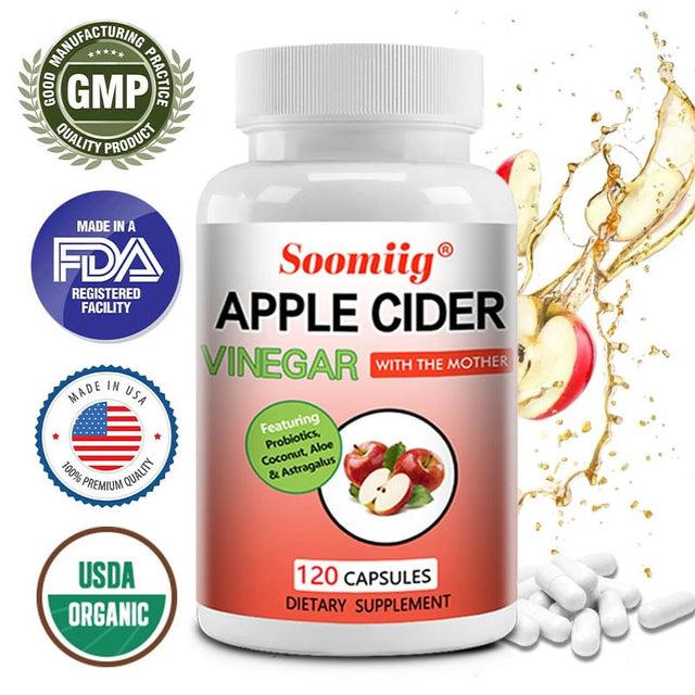Soomiig Apple Cider Vinegar Capsules - 100% Organic Apple Cider Vinegar Pills - Natural Digestion, Immune Boosting Support and Cleansing Supplement with Probiotics