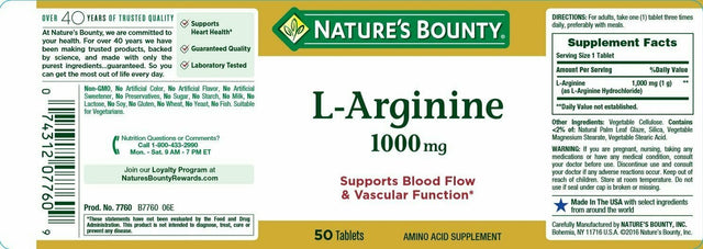 Nature'S Bounty L-Arginine Supports Blood Flow & Vascular Function Tablet, 50 Ct