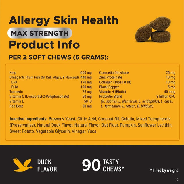 Pet Honesty Dog Allergy Skin Health Max Strength Soft Chews, Duck, 90 Ct