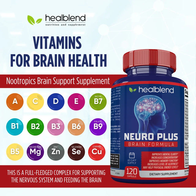 Healblend Neuro plus Brain Booster Supplements - Brain & Focus Formula, Supports Memory, Concentration & Mental Clarity for Adults – 120 2-Pack
