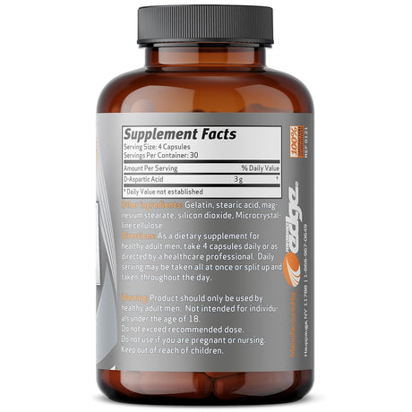 Performance Edge DAA D-Aspartic Acid 3G Daily Dose 30 Day Supply, 120 Capsules