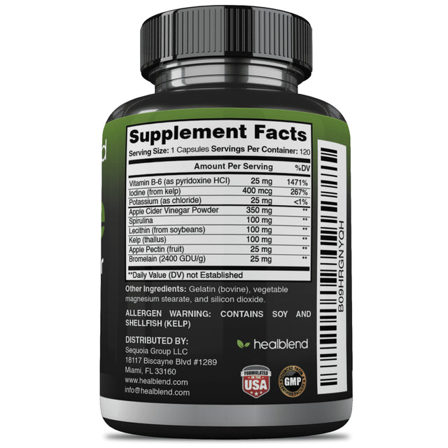 Healblend Apple Cider Vinegar with Spirulina and Kelp – Metabolism, Detox and Immune Support Formula - 120 Capsules 3-Pack