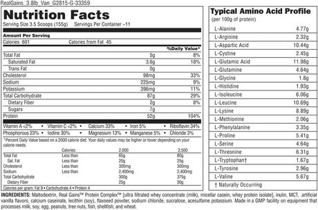 Real Gains Weight Gainer with Complex Carbs and Whey-Micellar Casein Protein Matrix Vanilla 6.85#