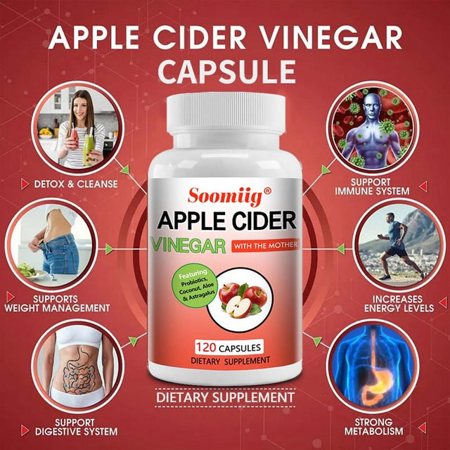 Soomiig Apple Cider Vinegar Capsules - 100% Organic Apple Cider Vinegar Pills - Natural Digestion, Immune Boosting Support and Cleansing Supplement with Probiotics