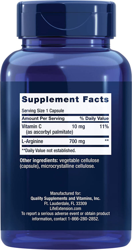 Life Extension L-Arginine Caps - L-Arginine Supplement for Men and Women with Vitamin C - for Immune System Support and Cardiovascular Health -700 Mg – Gluten-Free, Non-Gmo – 200 Capsules