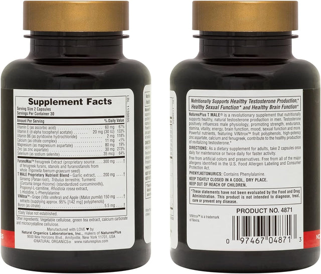 Naturesplus T Male - 60 Vegetarian Capsules - Promotes Muscle Gain & Stamina, Mood Enhancer - Gluten Free - 30 Total Servings