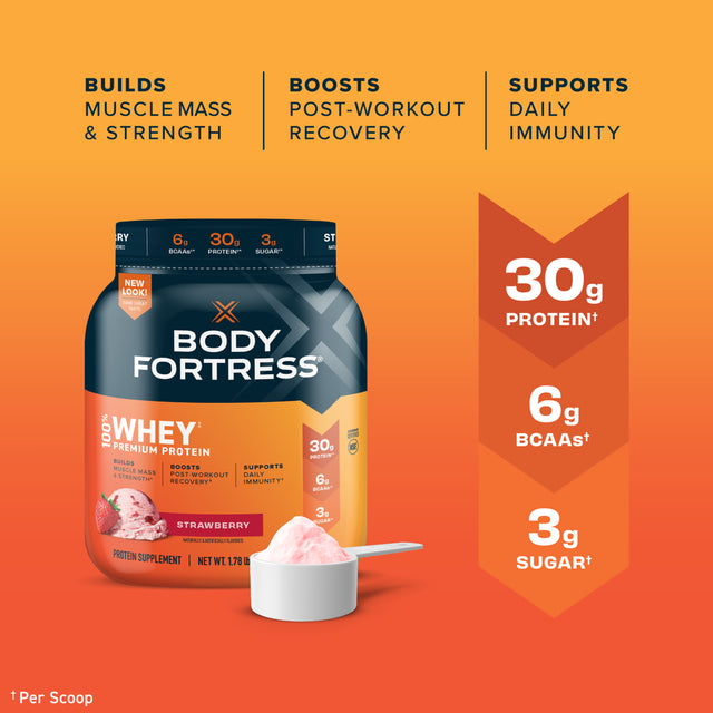 Body Fortress 100% Whey, Premium Protein Powder, Strawberry, 1.78Lbs (Packaging May Vary)