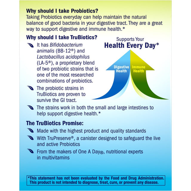 One a Day Trubiotics, Daily Probiotic Supplement for Digestive Health, 30-Capsule Box