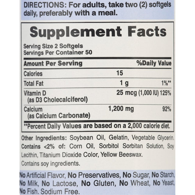 Puritan'S Pride Absorbable Calcium 1200 Mg with Vitamin D 1000 IU, 100 Softgels