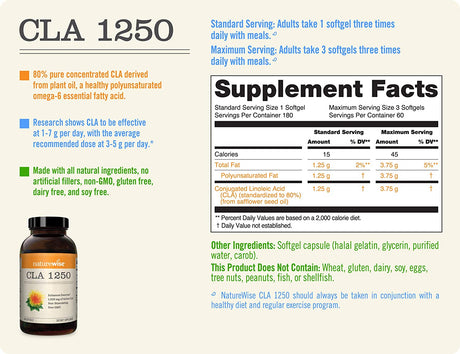 Naturewise CLA 1250 Support Exercise Naturally (2-Month Supply), Support Fitness Goals, Supports Healthy Energy Levels 180 Count
