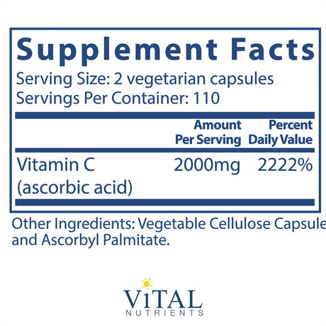 Vital Nutrients - Vitamin C 1000 Mg (100% Pure Ascorbic Acid) - Potent Antioxidant to Support Iron Absorption - 220 Vegetarian Capsules