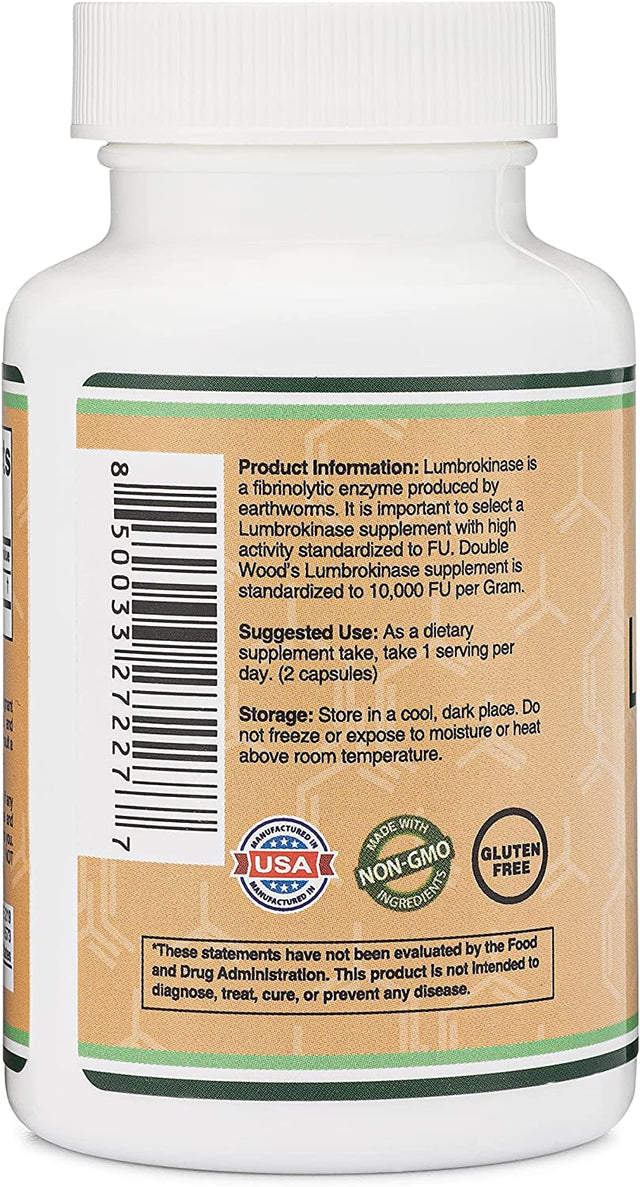 Lumbrokinase Enzymes Supplement - 120 Capsules (Max Activity 10,000 Fu/Gram) 150Mg per Serving (No Fillers, Manufactured in the USA) for Cardiovascular and Blood Circulation Support by Double Wood