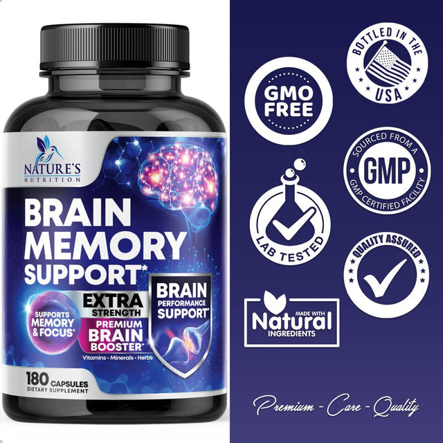 Nootropic Brain Supplement for Memory, Focus & Concentration + Cognitive Support, Booster with Phosphatidylserine, DMAE Bacopa, Vitamins Men Women, Non-Gmo - 180 Capsules