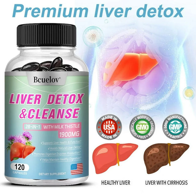 Bcuelov 28-In-1 Liver Cleanse Detox & Repair Fatty Liver Formula - Milk Thistle, Artichoke Extract, Dandelion & Apple Cider Vinegar - Liver Health Supplement Support Capsules