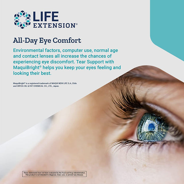 Life Extension Tear Support with Maquibright 60Mg - Maqui Berry Extract Eye Health Supplement for Dry Eyes - Tear Production Formula - Non-Gmo, Gluten-Free, Vegetarian - 30 Capsules