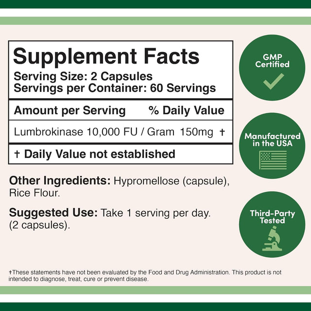 Lumbrokinase Enzymes Supplement - 120 Capsules (Max Activity 10,000 Fu/Gram) 150Mg per Serving (No Fillers, Manufactured in the USA) for Cardiovascular and Blood Circulation Support by Double Wood