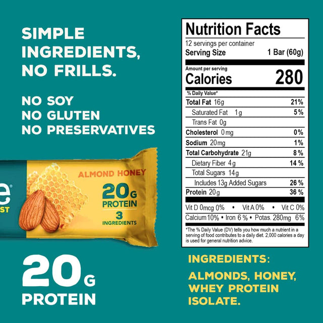 Rise Whey Protein Bars - Almond Honey | Healthy Breakfast Bar & Protein Snacks, 20G Protein, 4G Fiber, Just 3 Whole Food Ingredients, Non-Gmo Healthy Snacks, Gluten-Free, Soy Free Bar, 12 Pack