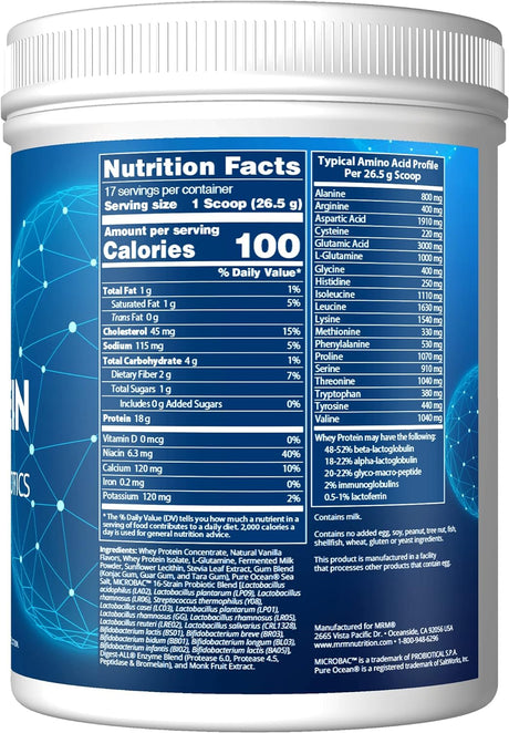 MRM Nutrition Whey Protein | Vanilla Flavored |18G Protein | with 2 Billion Probiotics + Digestive Enzymes + Bcaas | High Absorption + Digestion | Hormone + Antibiotic Free | 17 Servings