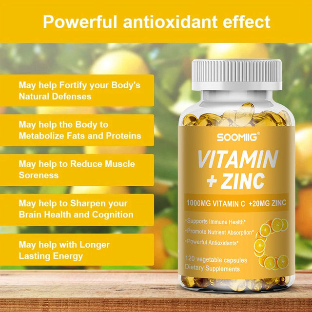 SOOMIIG Vitamin 1000Mg + Zinc 20Mg Supplement, 2-In-1 Antioxidant Formula, Immunity Enhancement, Collagen Production & Skin Health Support