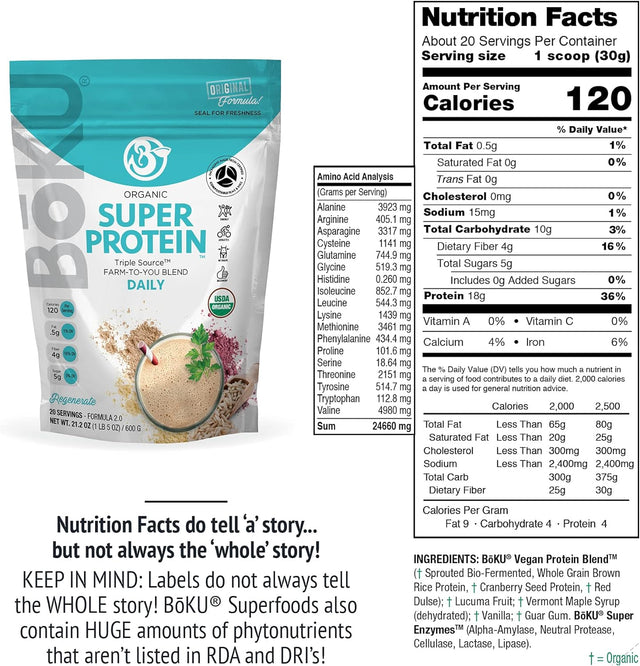 Bōku Organic Super Protein - Vegan Protein Powder 21.2 Oz - Plant Protein Drink with All Essential Amino Acids - Gluten-Free, USDA Certified Organic Protein Mix with Digestive Enzymes - 20 Servings