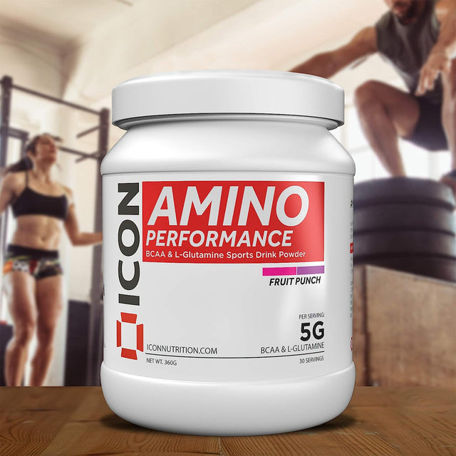 Amino Performance BCAA Powder and Glutamine Drink Gluten Free 30 Servings Fruit Punch Flavour by ICON Nutrition