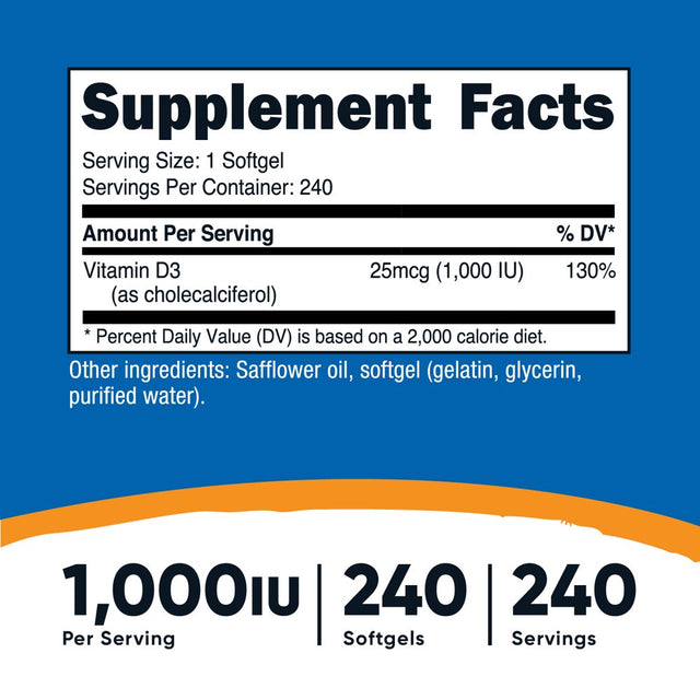 Nutricost Vitamin D3 1000Iu Softgels, 240 Softgels, Non-Gmo & Gluten Free Supplement