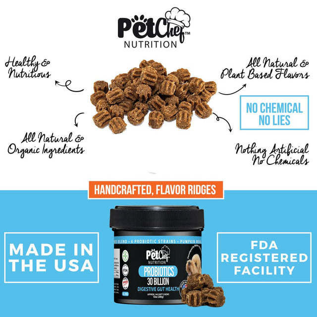 Pet Chef Nutrition Probiotic Soft Treats for Dogs | Digestive Gut Health, Gas & Bloating, Constipation, Diarrhea & Upset Stomach | Premium Chewable Treats for Pets - All Ages & Sizes - 140 Ct (Bacon)
