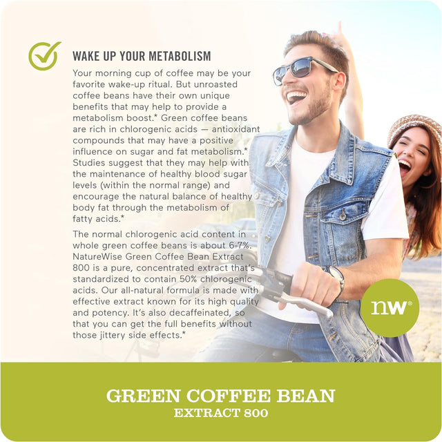 Naturewise Green Coffee Bean 800Mg Max Potency Extract 50% Chlorogenic Acids, Raw Green Coffee Antioxidant Support Supplement & Support Healthy Weight Maintenance Goals, Non-Gmo, (60 Count)