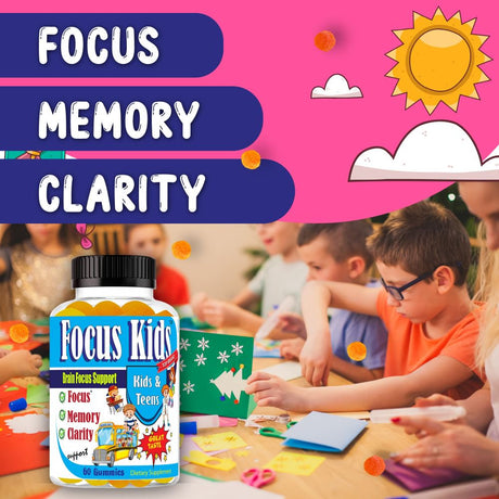 Focus Kids Kids Brain Booster Supplements Brain Focus Gummies Omega 3 for Kids Attention & Focus, Brain Booster, Memory & Concentration- 60Ct