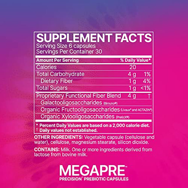 Microbiome Labs Megapre Prebiotic Blend - Clinically Tested Oligosaccharides Fiber to Support Immune Health, Digestion & Gut Barrier - Prebiotics Supplement for Women & Men (180 Capsules)