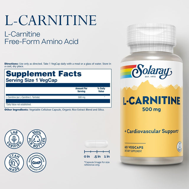 SOLARAY L-Carnitine 500 Mg, Healthy Cardiovascular Support, Free Form Amino Acid, Lab Verified, GMP Facility, 60-Day Money-Back Guarantee, 60 Servings, 60 Vegcaps