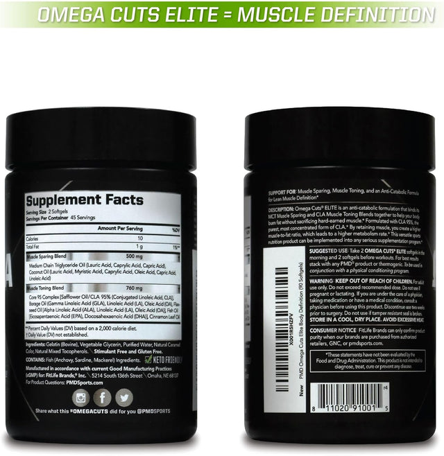 PMD Sports Omega Cuts Elite Fat Loss-Muscle Defining Formula - Omega Fatty Acids, Mct'S and CLA for Muscle Definition and Maintenance - Keto Friendly for Women and Men - Stimulant Free (90 Softgels)