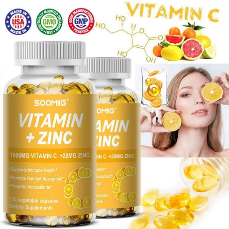 SOOMIIG Vitamin 1000Mg + Zinc 20Mg Supplement, 2-In-1 Antioxidant Formula, Immunity Enhancement, Collagen Production & Skin Health Support