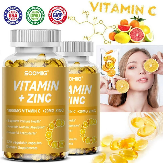 SOOMIIG Vitamin 1000Mg + Zinc 20Mg Supplement, 2-In-1 Antioxidant Formula, Immunity Enhancement, Collagen Production & Skin Health Support