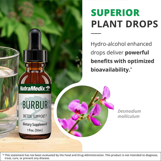 Nutramedix Burbur Detox Support Supplement - Desmodium Molliculum Extract Drops for Daily Cleanse - Focus Supplement & Fights Brain Fog - Vegan Cleanse & Detox Formula (1 Oz / 30 Ml)