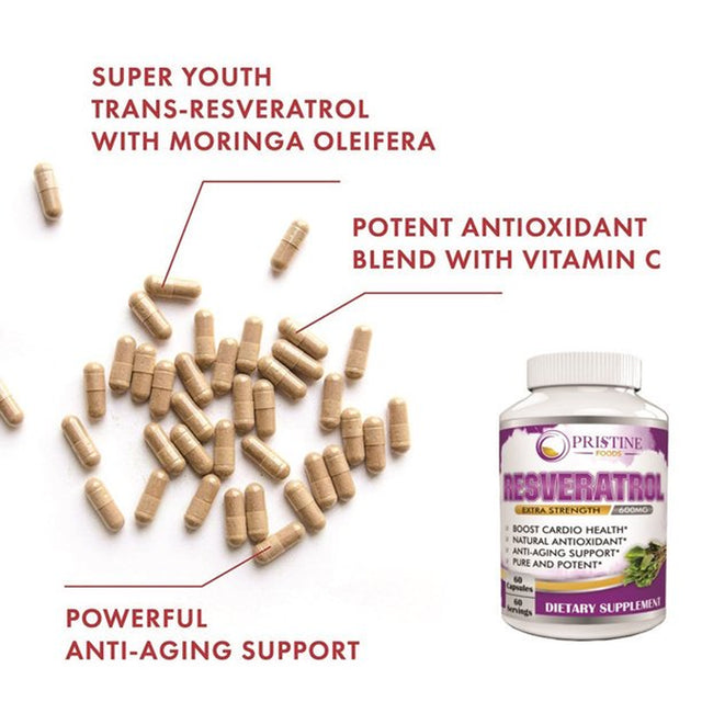Pristine Extra Strength Resveratrol Supplement 600Mg - Trans-Resveratrol for Anti-Aging & Antioxidant, Cardiovascular Health, Blood Sugar Support - 60 Ct.