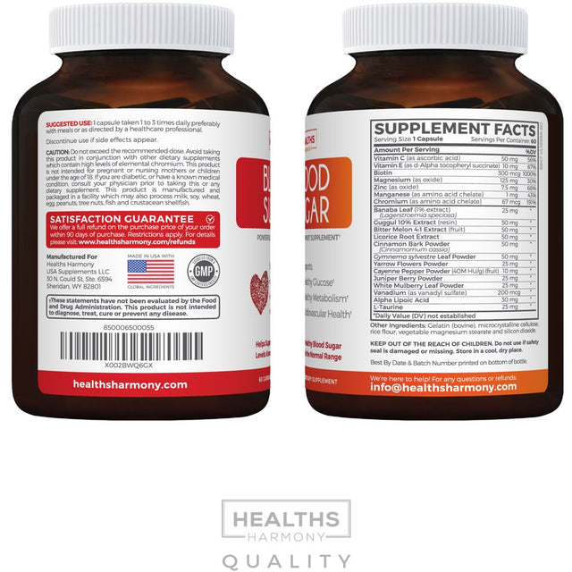 Healths Harmony Blood Sugar Support Supplement - Helps with Blood Glucose and Weight Loss - Natural Herb Health Level Formula - 100% Money Back Guarantee - 60 Capsule Pills