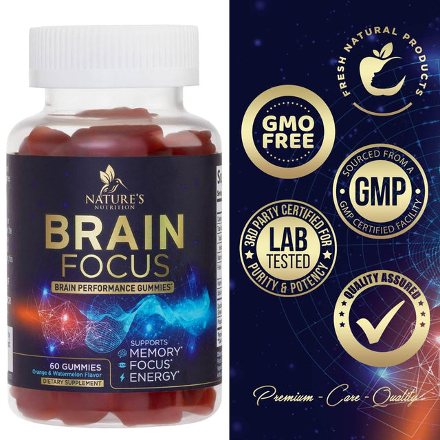 Brain Supplement Gummies for Focus & Memory Support - Nootropic Brain Vitamin Gummy to Support Concentration, Brain Health & Energy with B12, Phosphatidylserine, Brain Memory Supplements - 60 Gummies