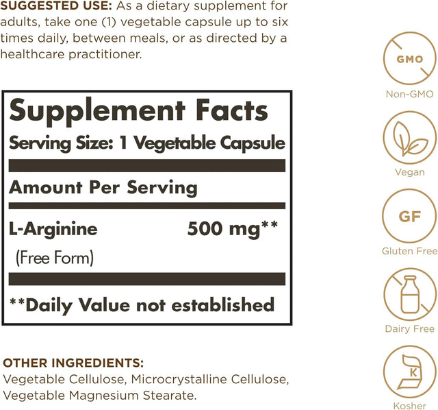 Solgar L-Arginine 500 Mg - 250 Vegetable Capsules - Nitric Oxide Stimulator - Non-Gmo, Vegan, Gluten Free, Dairy Free, Kosher - 250 Servings