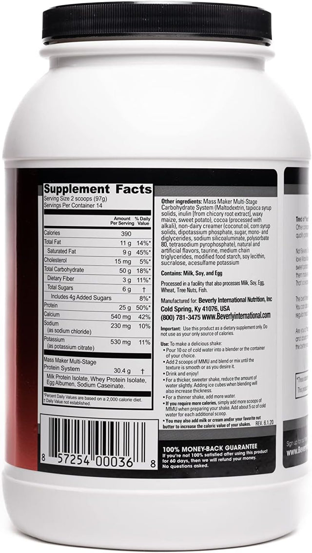 Beverly International Mass Maker Ultra Chocolate, 14 Servings, 3Lb. Build Lean Mass like a Pro!! Milk Protein Isolate, Whey Protein Isolate + Egg. MCT Oil. Clean Carbs, Great Taste!