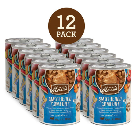 (12 Pack) Merrick Grain Free Wet Dog Food, Premium and Wholesome Gluten Free Canned Adult Dog Food, Smothered Comfort, 12.7 Oz. Cans