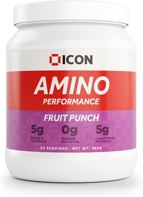 Amino Performance BCAA Powder and Glutamine Drink Gluten Free 30 Servings Fruit Punch Flavour by ICON Nutrition
