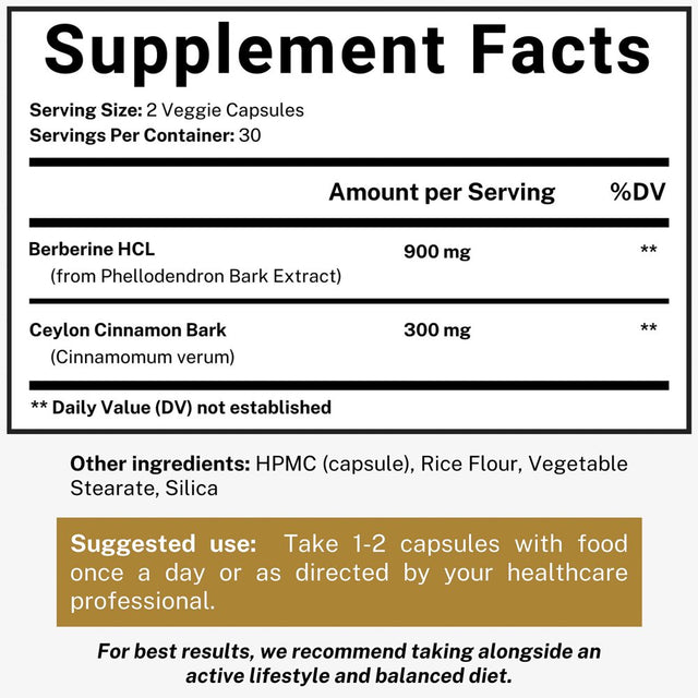 Simple Wonders Berberine HCL 1200Mg with Ceylon Cinnamon Capsules, Metabolism & Blood Sugar Support Supplement, 60 Count