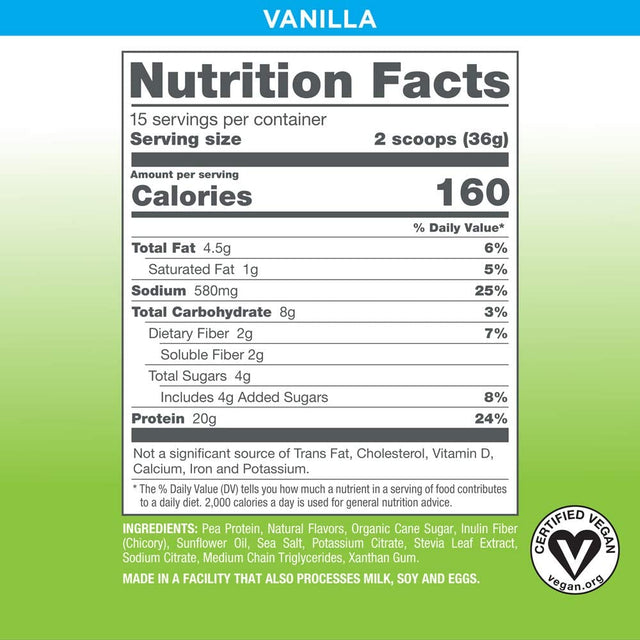Vegansmart Naturade Plant Based Pea Protein Powder - Gluten Free, Dairy & Soy Free, Non-Gmo, No Cholesterol - Recovery W/Amino Acids - Vanilla (15 Servings)