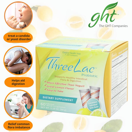 Global Health Trax Threelac Probiotic Lemon - 2 Boxes (60 Packets Each). Great Lemon-Flavored Dietary Supplement