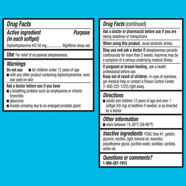 Equate Maximum Strength Diphenhydramine Hcl Sleep-Aid Softgels, 50 Mg, 100 Count