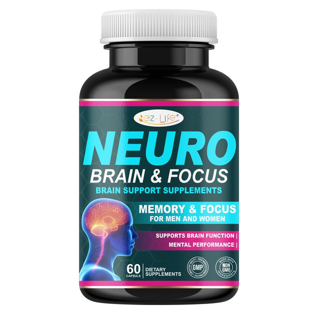 Brain Supplement, 60 Count, for Men & Women - Caffeine-Free Focus Capsules for Concentration, Brain & Memory Support